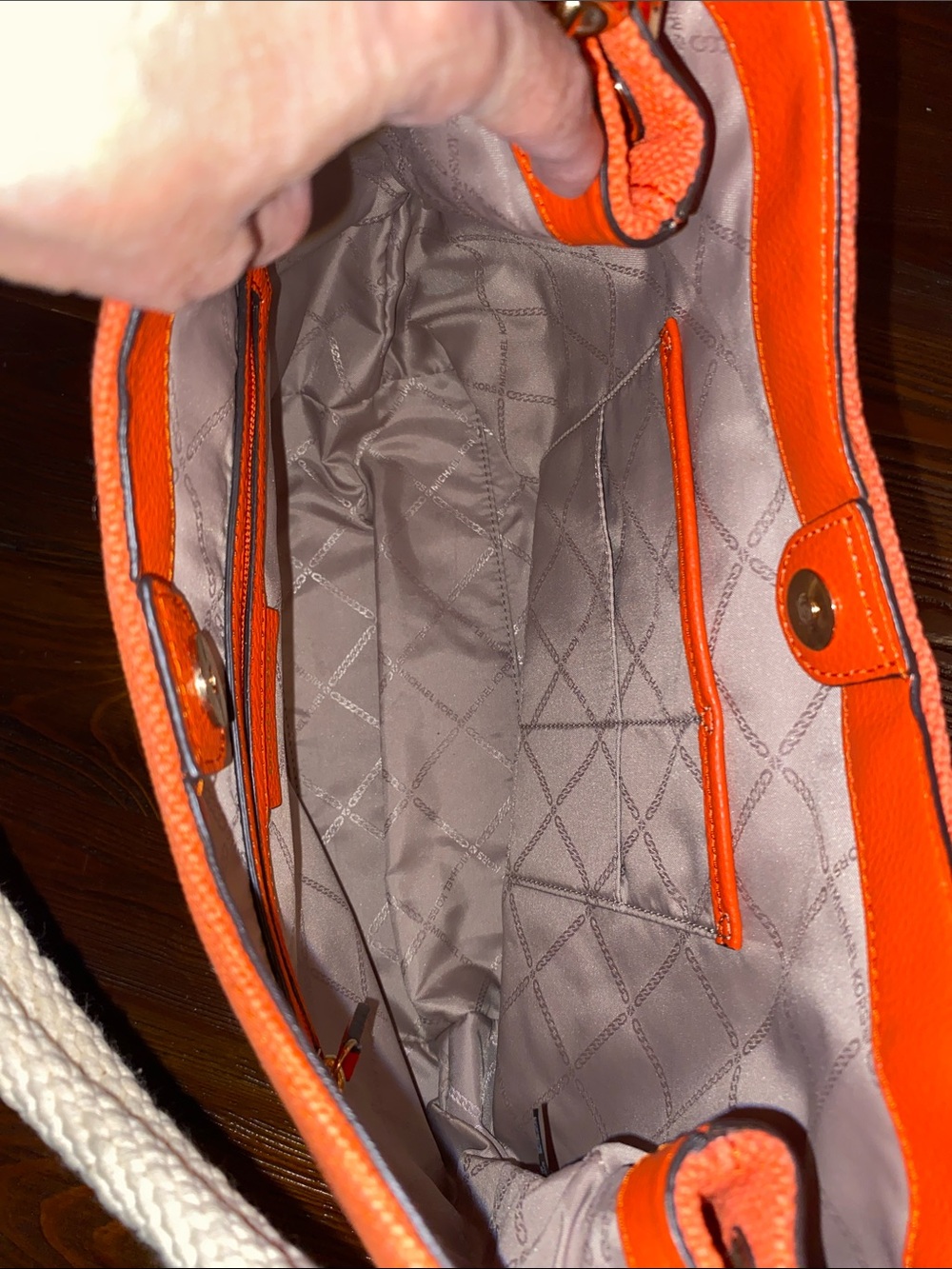 Michael Kors Coral Orange Rope Handle Tote Shoulder Bag Gold MK Medallion - Picture 5 of 15